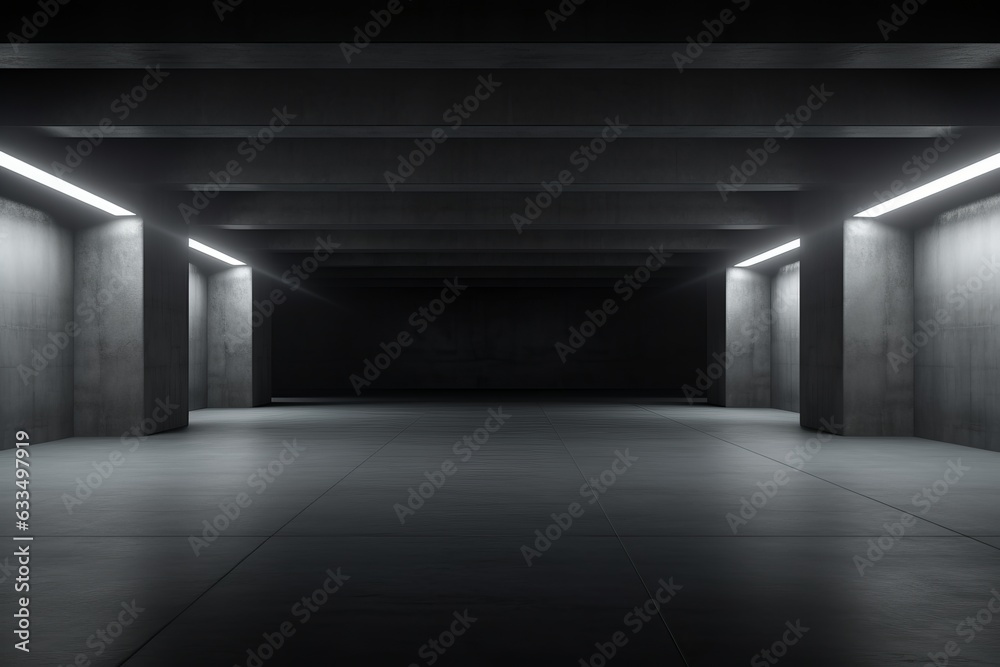 3d Rendering Futuristic dark room with glowing neon, ads concept