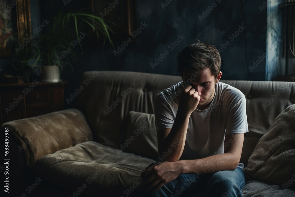 Young man depressed sitting on sofa at home. Young man depressed sitting on sofa at home.