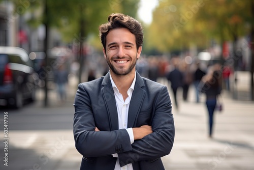 Young happy smiling professional business man, standing outdoor on street.