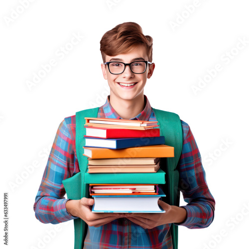 Happy student boy with books isolated