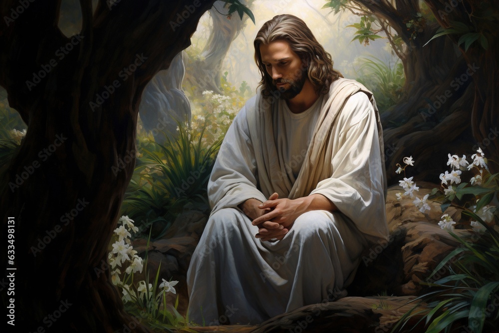 Jesus Christ praying in the garden of Gethsemane. Stock Illustration ...