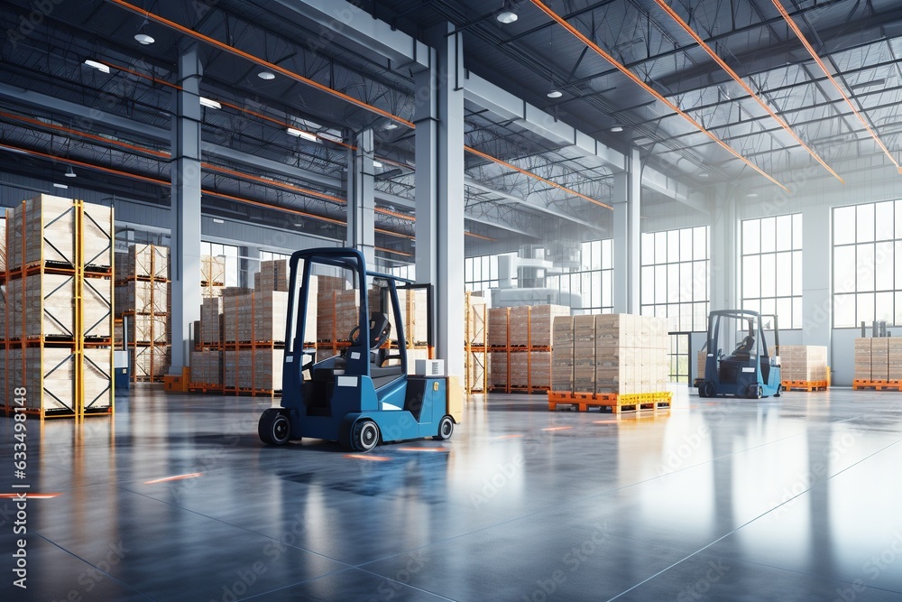 Large modern warehouse with forklifts.