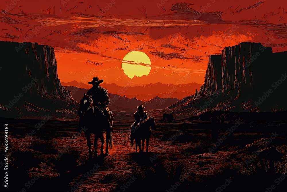 Silhouette of cowboys riding horses at sunrise.