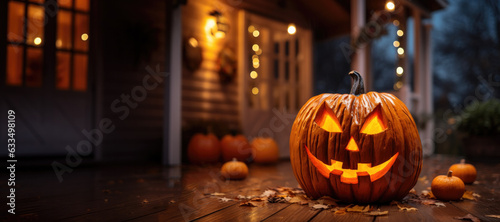 Halloween Jack O' Lantern on the Front Porch of a House photo