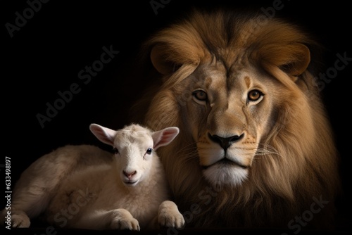 Lion and lamb in front of a black background.  © Bargais