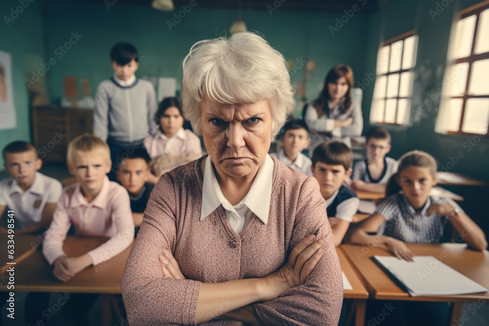 Portrait of angry old teacher in a class at elementary school.