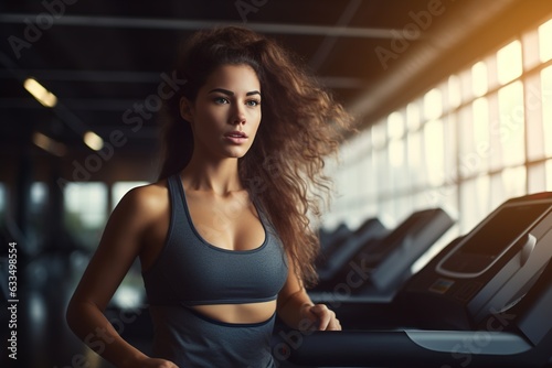 Portrait of beautiful woman working out at gym  running on treadmill.