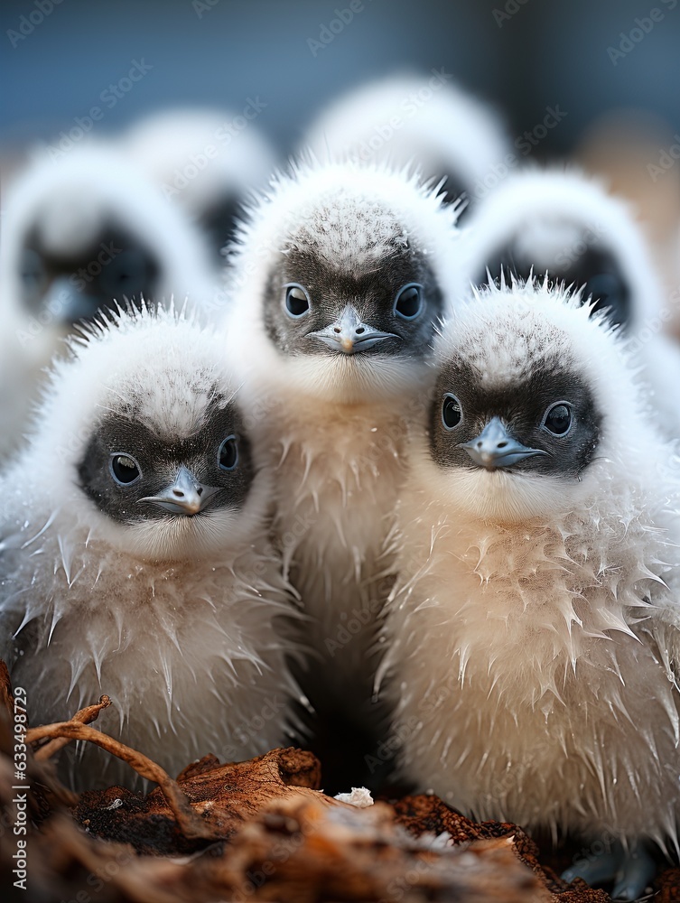 A group of adorable penguin chicks huddle together.