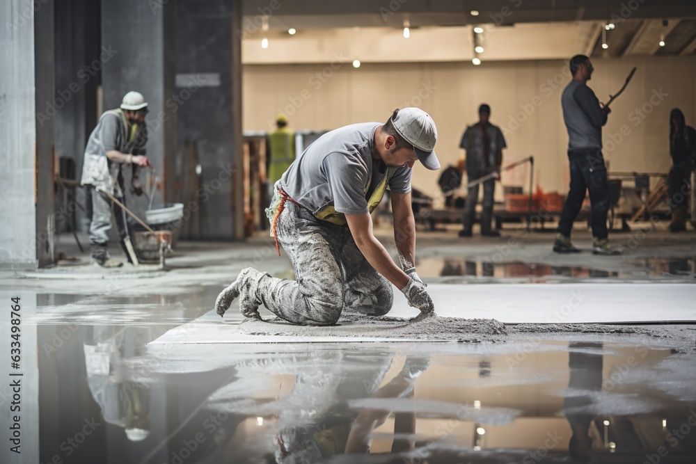 Grey self levelling liquid cement, construction floor, construction workers at work. Grey self levelling liquid cement, construction floor, construction workers at work.