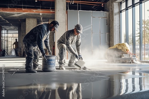 Grey self levelling liquid cement, construction floor, construction workers at work.