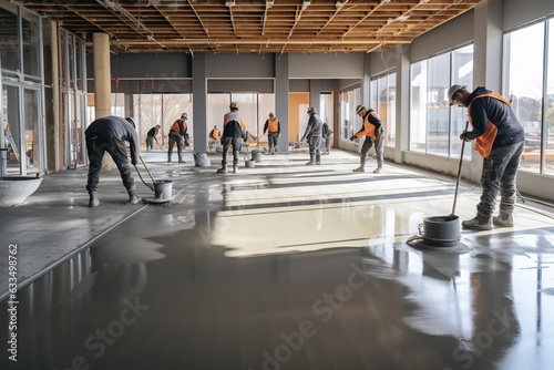 Grey self levelling liquid cement, construction floor, construction workers at work.
