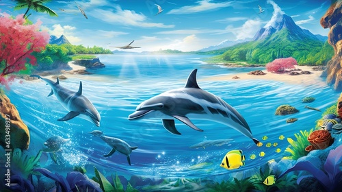  a painting of dolphins swimming in the ocean with tropical scenes.  generative ai © Anna