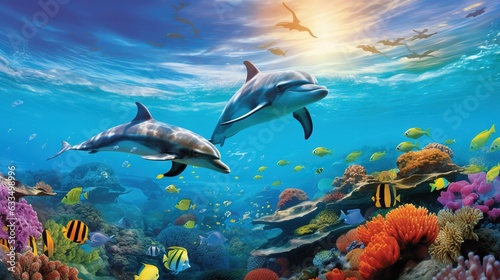 a painting of two dolphins swimming over a coral reef with tropical fish. generative ai