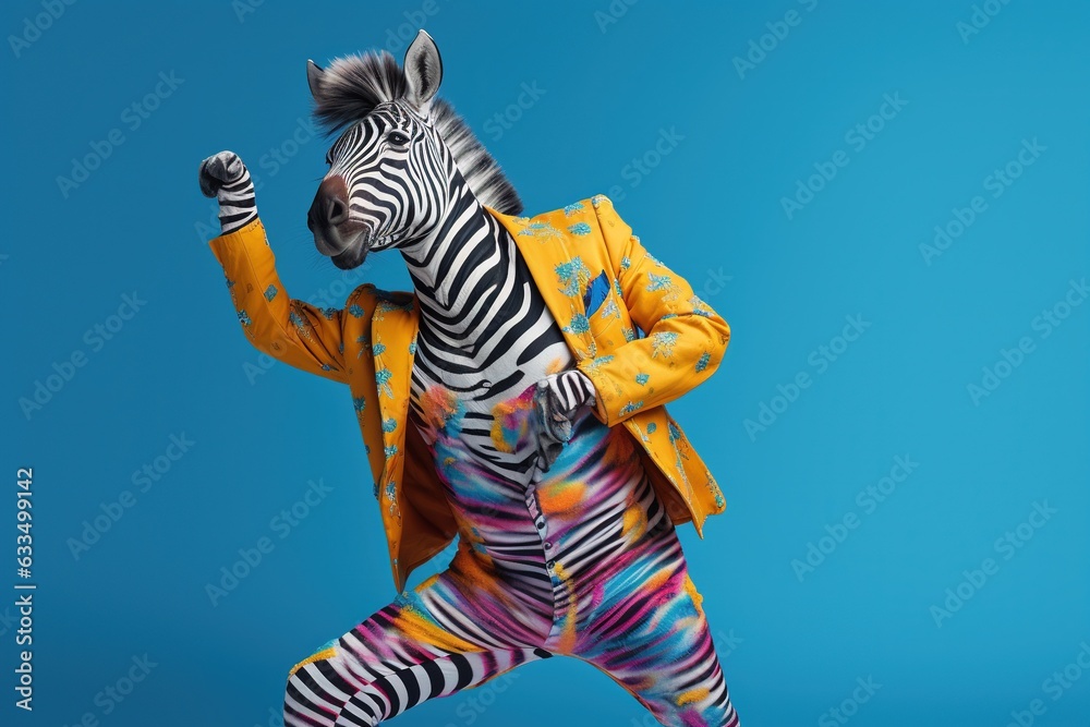 Zebra wearing clothes and dancing. Generative AI.