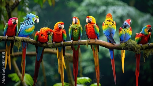  a group of colorful parrots sitting on a tree branch.  generative ai © Anna