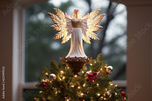 Christmas tree topper Christmas angel decoration element. sits atop the Christmas tree, illuminated by surrounding lights