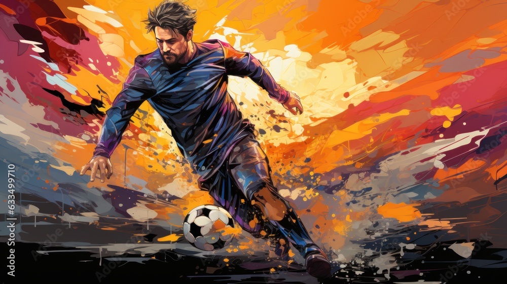 Abstract professional soccer player shooting a ball from splash of watercolors