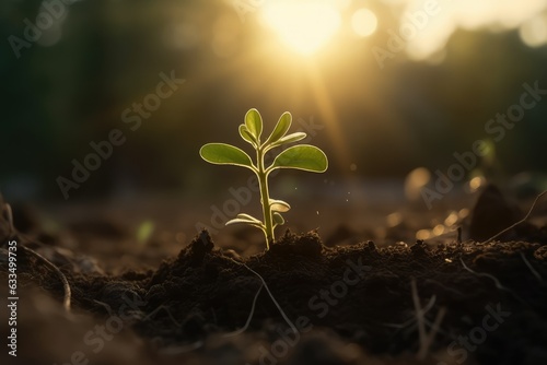 young plant growing from seed in soil in park in sunrise, AI generated