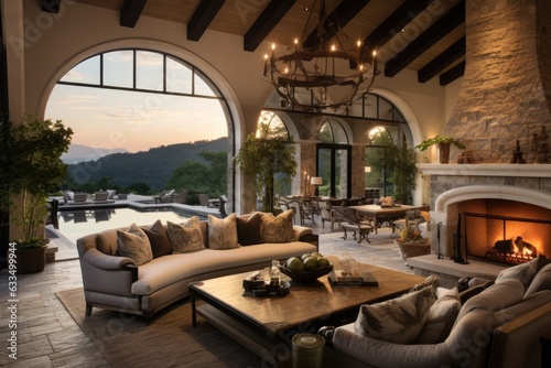 Stunning living room in a newly designed luxury home showcases stone embellishments, high arched ceilings, a crackling fireplace, and a breathtaking view of the infinity pool and valley from the