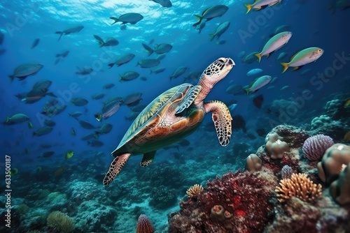turtle with group of colorful fish and sea animals  AI