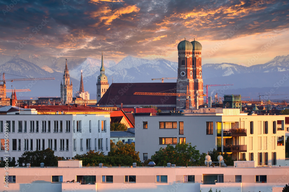 Munich Skyline with Alps at sunset