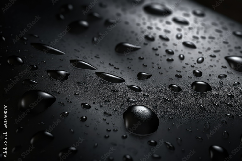 Water drops on a black  leather surface. Close up, generative AI