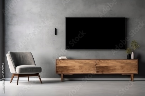 Wall mounted tv and wooden cabinet with gray armchair, AI
