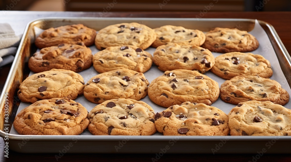  a pan full of chocolate chip cookies sitting on a table.  generative ai