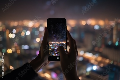 Woman hand taking photo of the bokeh night city