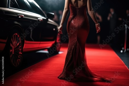 Woman arriving with limousine walking on red carpet