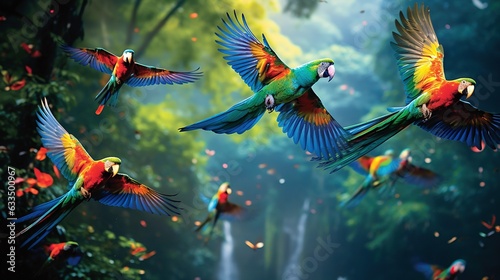  a group of colorful birds flying over a forest filled with trees.  generative ai