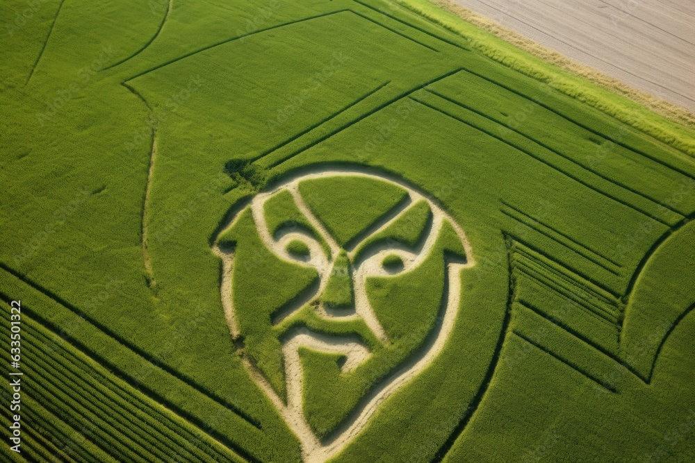 overhead shot of a crop circle mimicking an alien face overhead shot of a crop circle mimicking an alien face