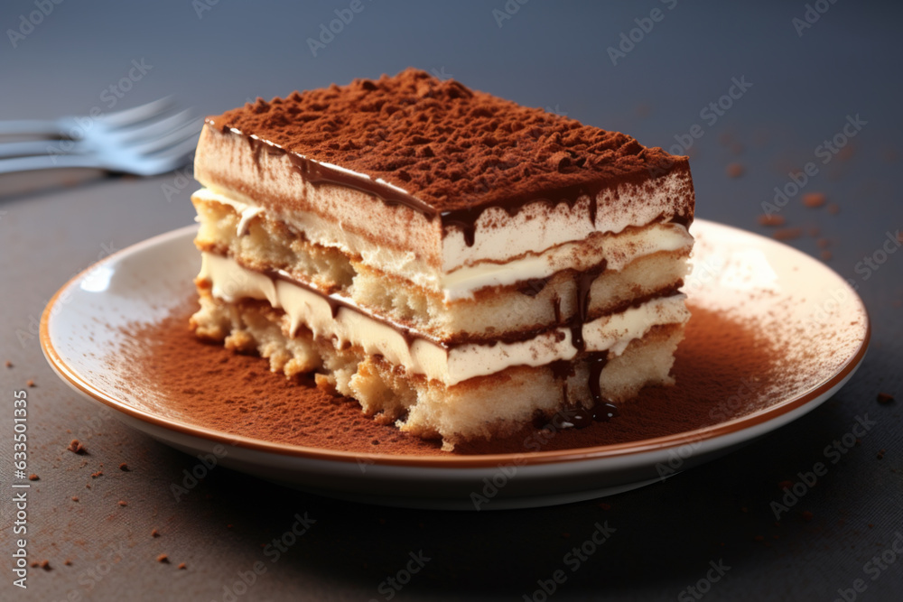 Composition with tiramisu cake on table against dark background. Generative AI. Composition with tiramisu cake on table against dark background. Generative AI.