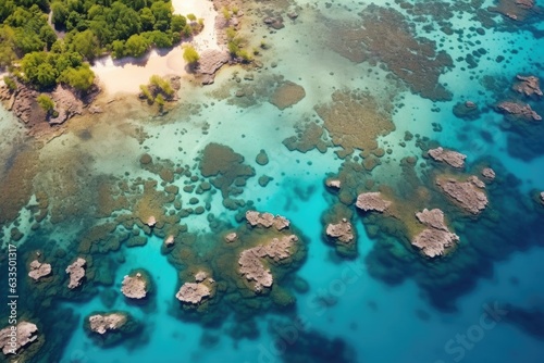 aerial shot of coral reefs near white sandy beaches