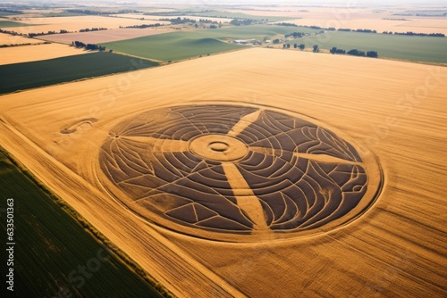 birds eye view of a crop circle resembling ancient glyphs photo