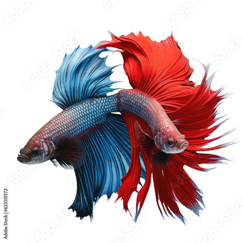 Two beautiful red and blue Betta fish isolated on a transparent background