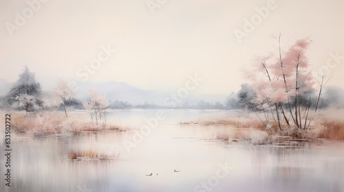 a painting of a lake with a few ducks in it. generative ai