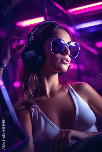 Attractive woman in a dj headphonesand sunglasse