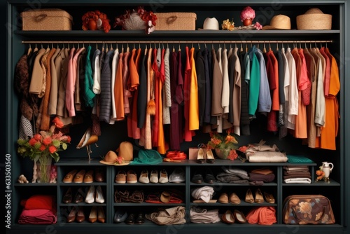 wardrobe with neatly arranged clothes and shoes