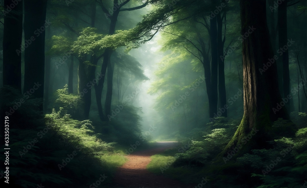 Entrance to the beautiful forest, Generative AI Illustration.