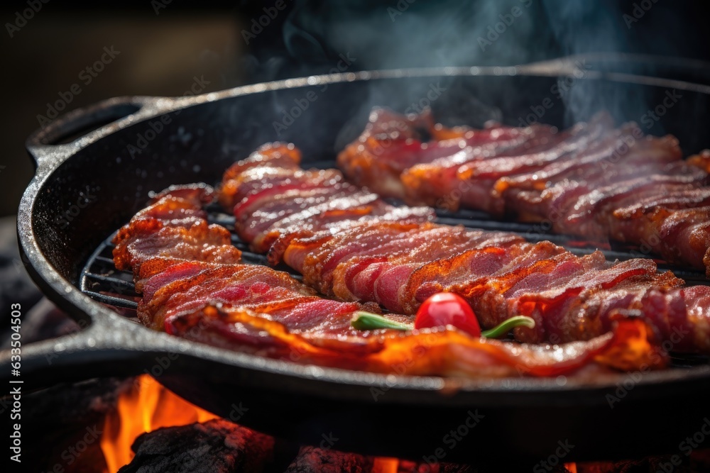 close-up of sizzling bacon in a frying pan
