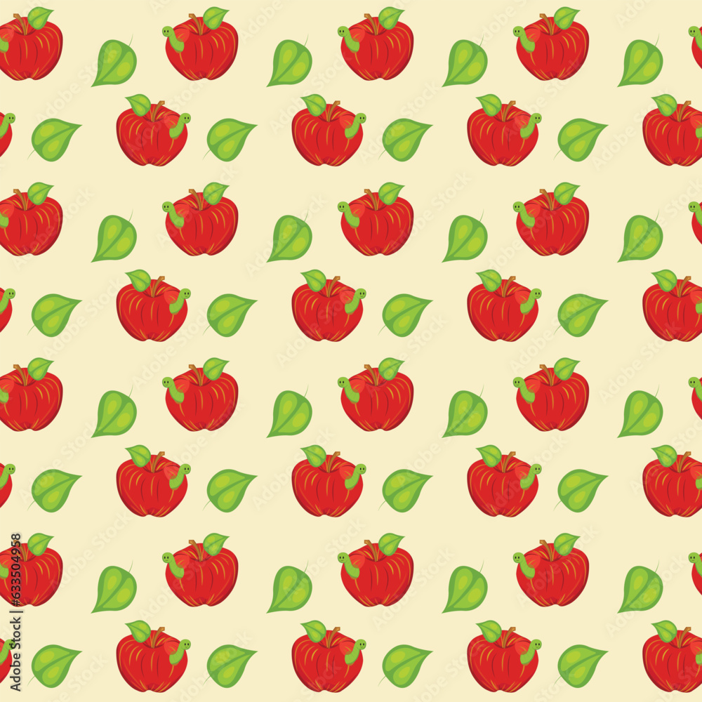 Red apple with a smiling worm. Seamless pattern. Vector illustration.