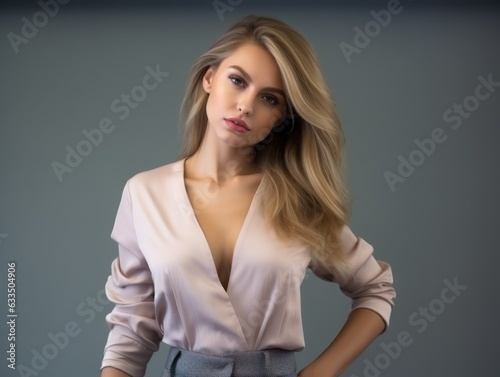 Elegant fictional woman in chic and casual clothes posing isolated on a plain neutral background. Generative AI.