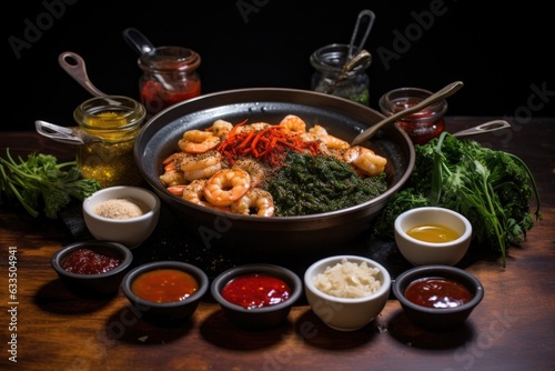 wok with sauces and seasonings in small bowls