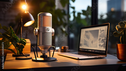 photograph of a close up of a microphone on a desk in a cozy modern podcast studio room with a laptop pc and other devices and gadgets.generative ai photo