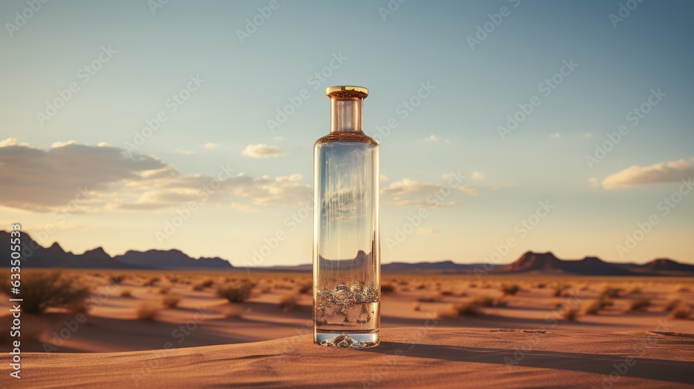  a bottle of wine sitting on top of a desert field.  generative ai - obrazy, fototapety, plakaty 
