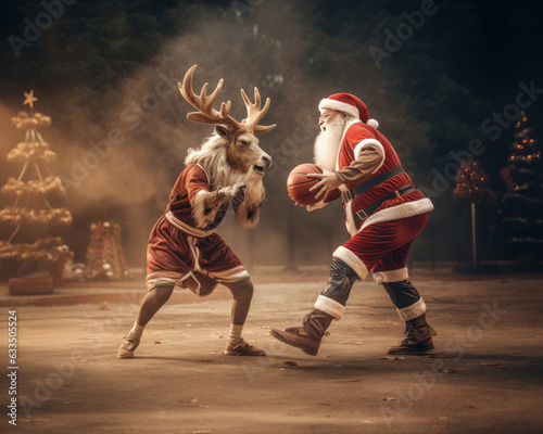 The abstract scene with Santa Claus playing a basketball game against reindeer one on one. Creative relaxing idea of Christmas or new year.