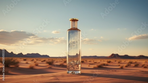  a bottle of wine sitting on top of a desert field.  generative ai