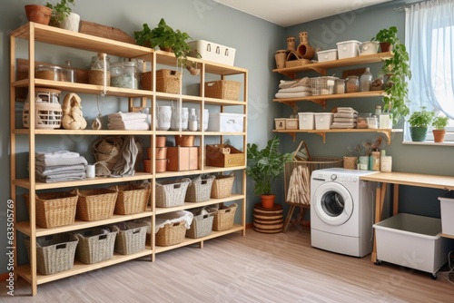 a well-organized laundry room with shelves and baskets