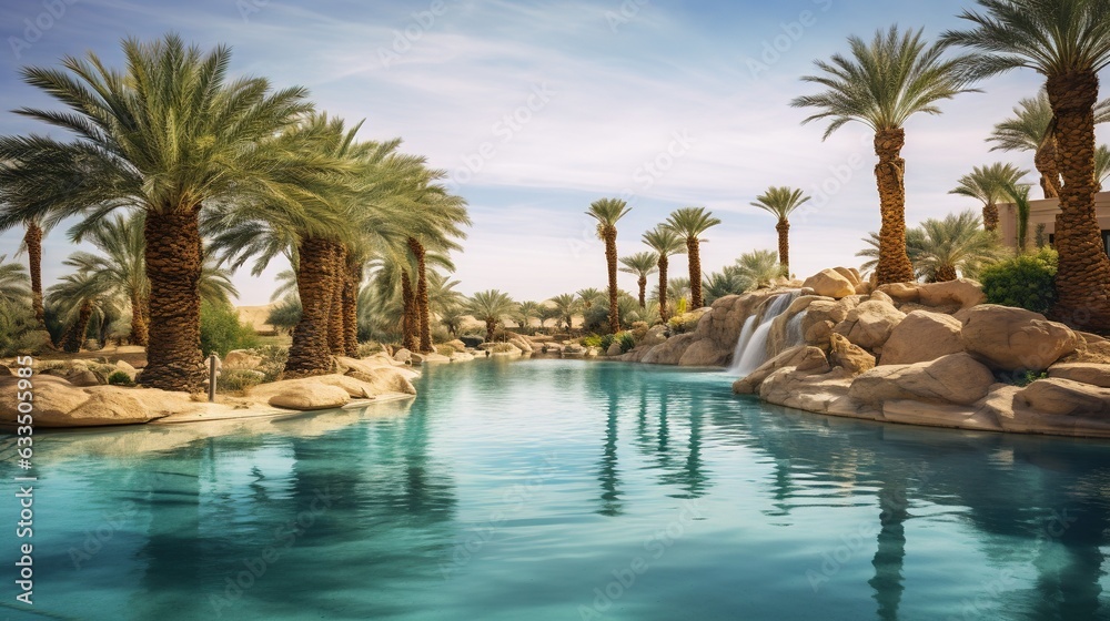  a pool with a waterfall surrounded by palm trees and rocks.  generative ai